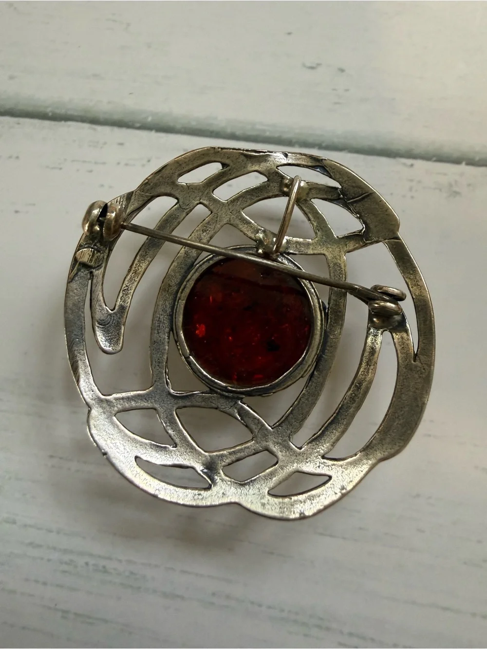 Amber Silver-Tone Celtic Brooch - Amber Yellow